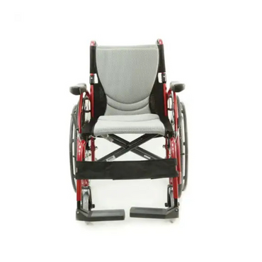 The Karman S-Ergo 125 Ergonomic Wheelchair in red and gray is ultra-lightweight with a padded seat and backrest, footrests, armrests, S-shape ergonomic seating, and black accents on the folding frame. A front view image showcases the full chair design.