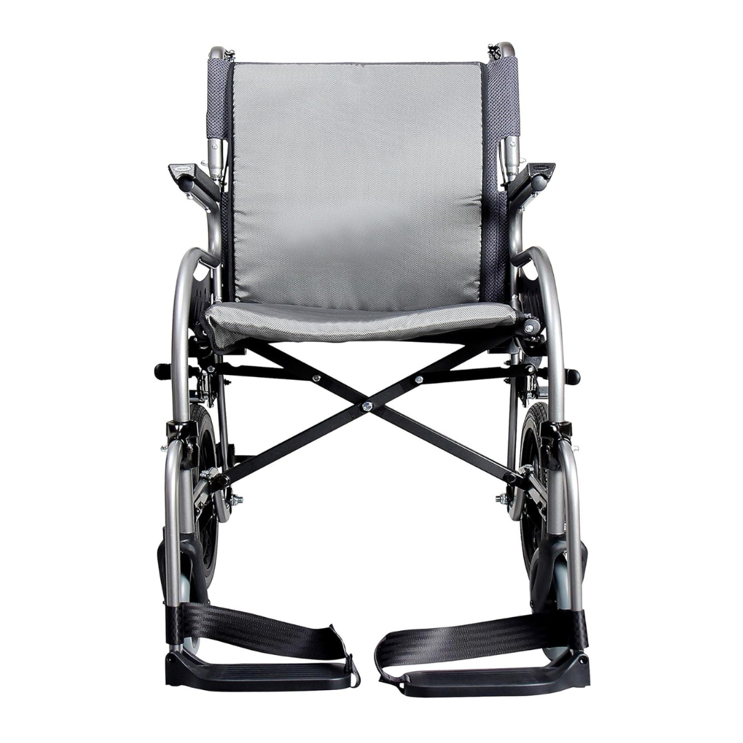 The Karman Healthcare STAR 2 Lightweight Folding Transport Chair features a front view with an empty gray seat and backrest, black footrests, and a metal aircraft-grade aluminum frame for mobility assistance.
