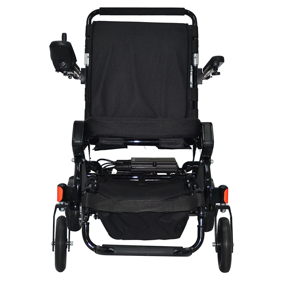 Front view of the Karman Tranzit Foldable Lightweight Power Wheelchair, black with adjustable armrests, right-side joystick controller, sturdy wheels, cushioned seat and backrest for comfort, and an underside storage pouch for convenience; FAA approved.
