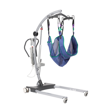 The Drive Levantar Battery-Powered Patient Floor Lift features a caregiver-friendly design with a gray metal frame, wheeled base, hand controls, and a blue mesh sling for safe transfers of individuals with limited mobility.