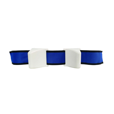 The Lateral Support For Anchor Bath Chair is a blue fabric belt with black edges and two large white rectangular plastic buckles, providing secure trunk alignment, shown on a plain white background.