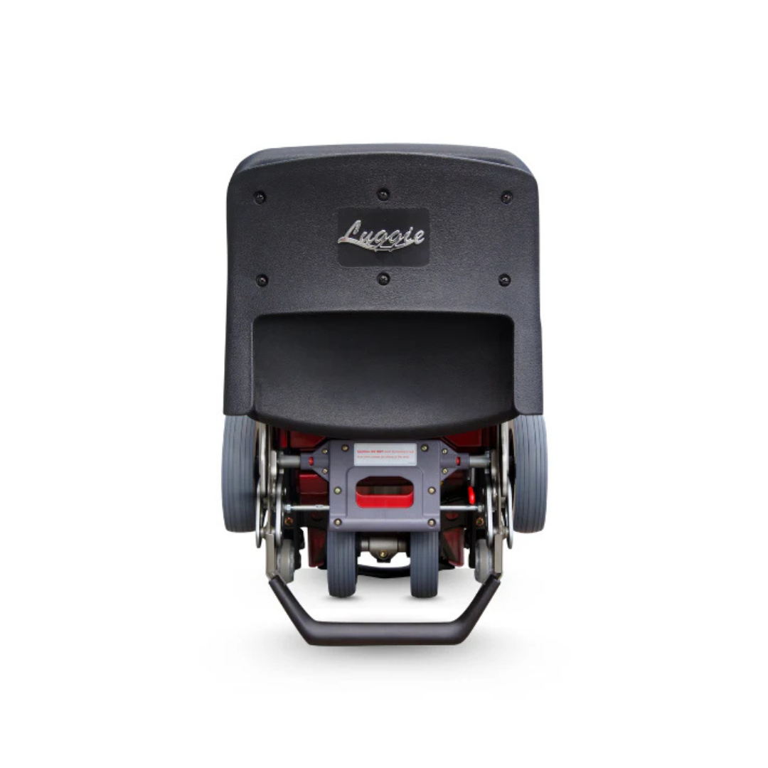 The FreeRider Luggie Elite Travel Scooter, seen from the back, showcases large wheels, a sturdy black seat with the Lucoze logo, and durable metal parts—an ideal travel scooter for versatile on-the-go mobility.