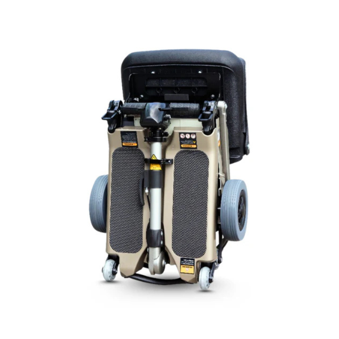 The FreeRider Luggie Elite Travel Scooter is a compact, lightweight mobility scooter that folds upright for easy transport and storage, featuring visible wheels and seat back.