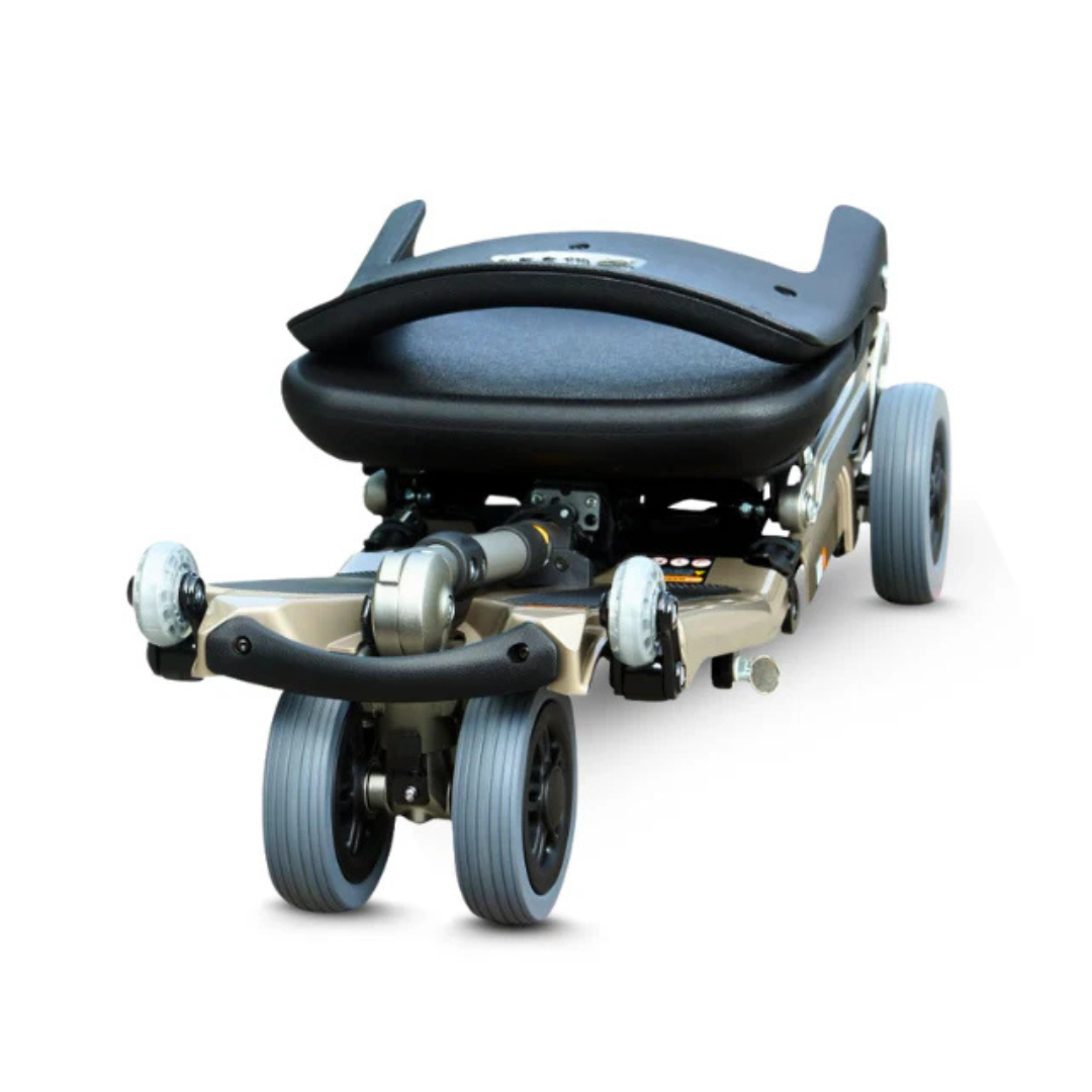 The FreeRider Luggie Elite Travel Scooter is a compact, foldable mobility scooter with four small wheels and a black cushioned seat, shown front-facing on a white background—perfect for convenient travel.