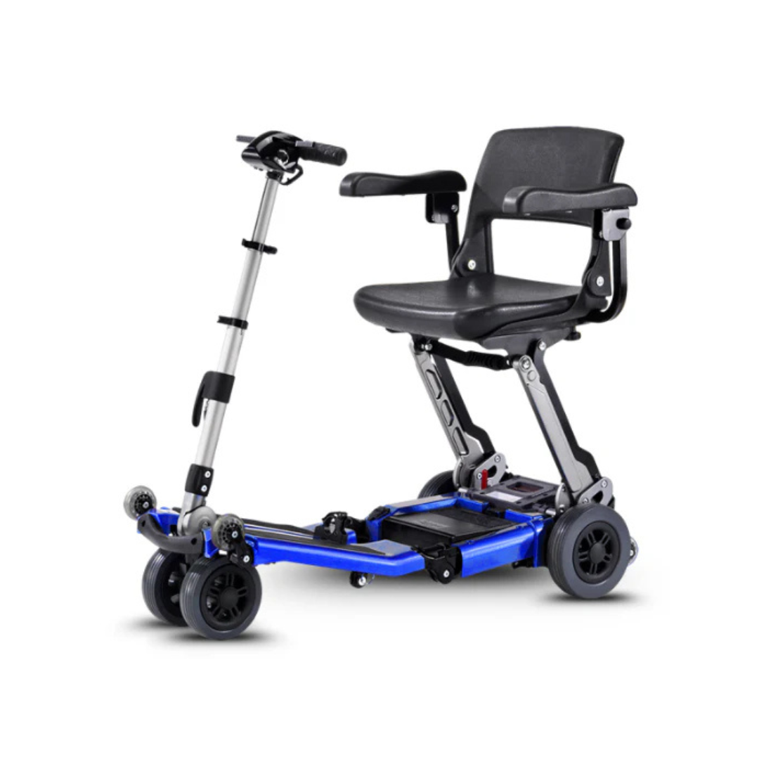The FreeRider Luggie Elite Travel Scooter features a compact, foldable blue frame, black seat, adjustable steering column, and small wheels—airline approved for easy transport and ideal for indoor or outdoor use.