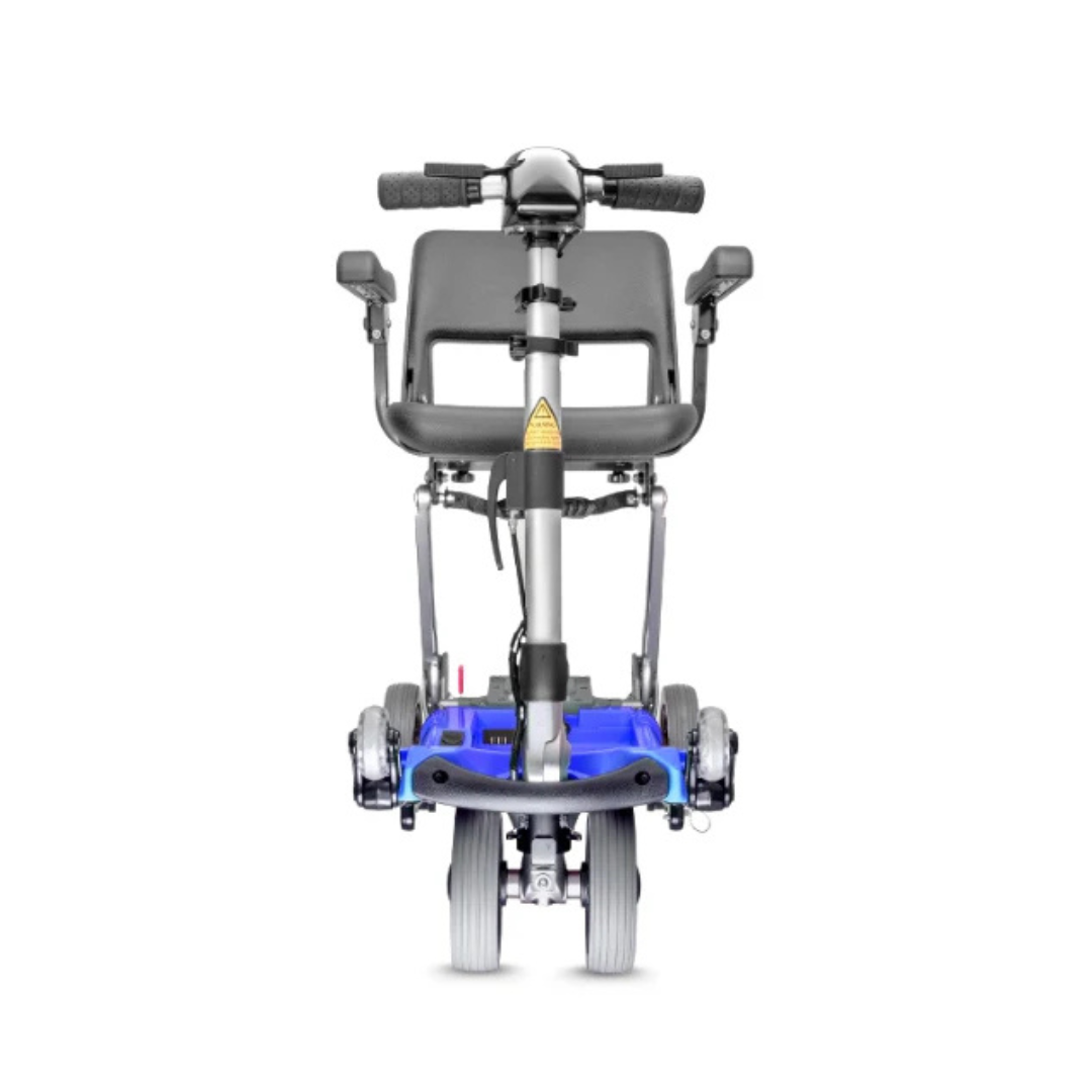 Front view of the FreeRider Luggie Elite Travel Scooter, a compact blue and gray foldable mobility scooter with handlebars, armrests, and two large front wheels, shown on a white background.