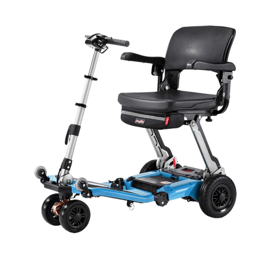 The FreeRider Luggie Super Plus 3 Travel Scooter is a compact blue and black folding mobility scooter with four wheels, cushioned seat, armrests, spacious footrest, and upright handlebar for comfortable travel.