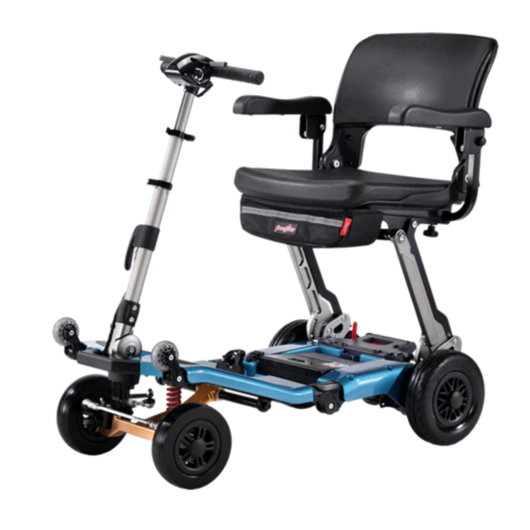 The FreeRider Luggie Super Plus 4 Travel Scooter is a lightweight, foldable blue scooter with four black wheels, a cushioned seat with armrests, and an adjustable handlebar—ideal for travel and on-the-go mobility.