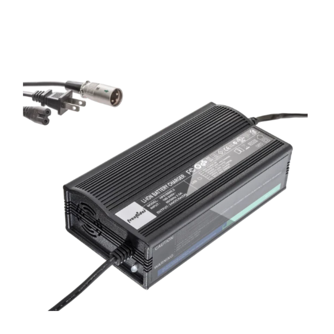 A black rectangular FreeRider LI-ION Battery Supercharger with a ribbed design, visible labels, and attached power cables. Inset images show the plug and round connector, highlighting this fast charger against a white background.