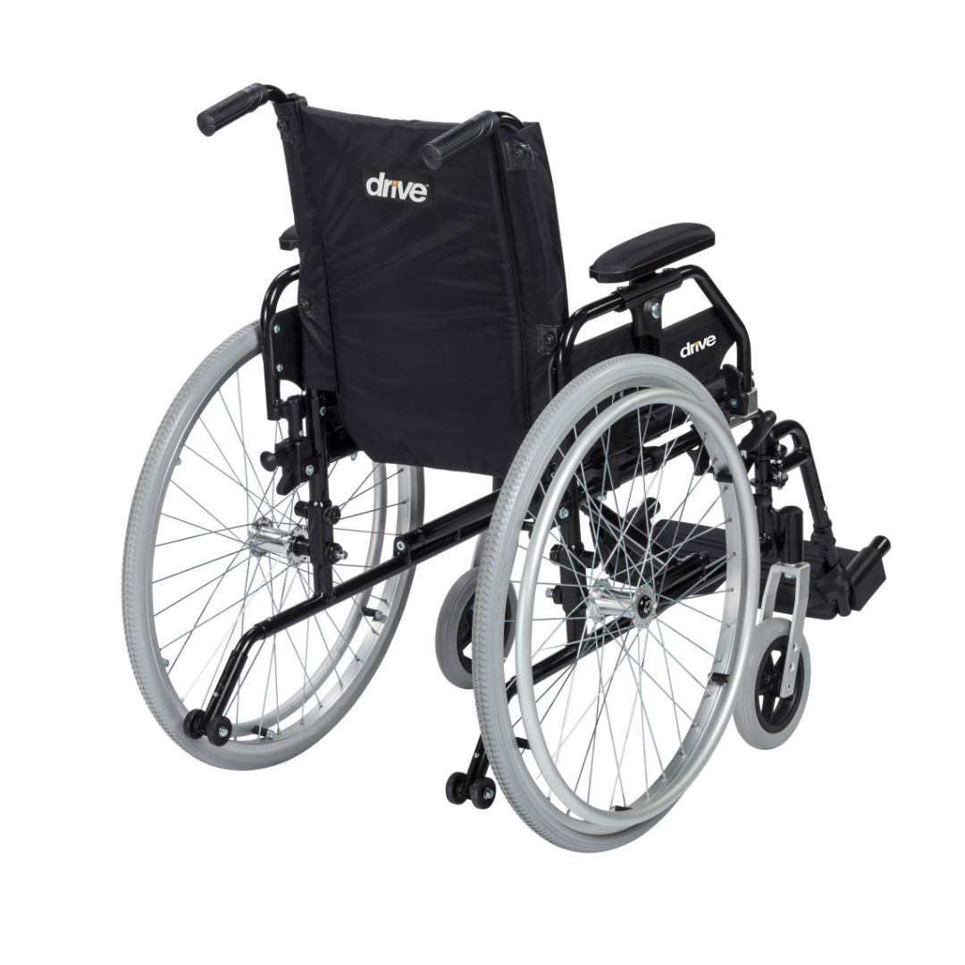 The Drive Lynx Ultra Lightweight Portable Wheelchair is a black aluminum chair with large rear quick-release wheels, small front wheels, armrests, footrests, a drive logo on the backrest, and a sturdy metal frame against a white background.
