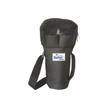 The Zephyr Oxygen Cylinder Shoulder Bag is a black carry bag with a mesh top, shoulder strap, and front label. The portable oxygen bag stands upright against a white background.