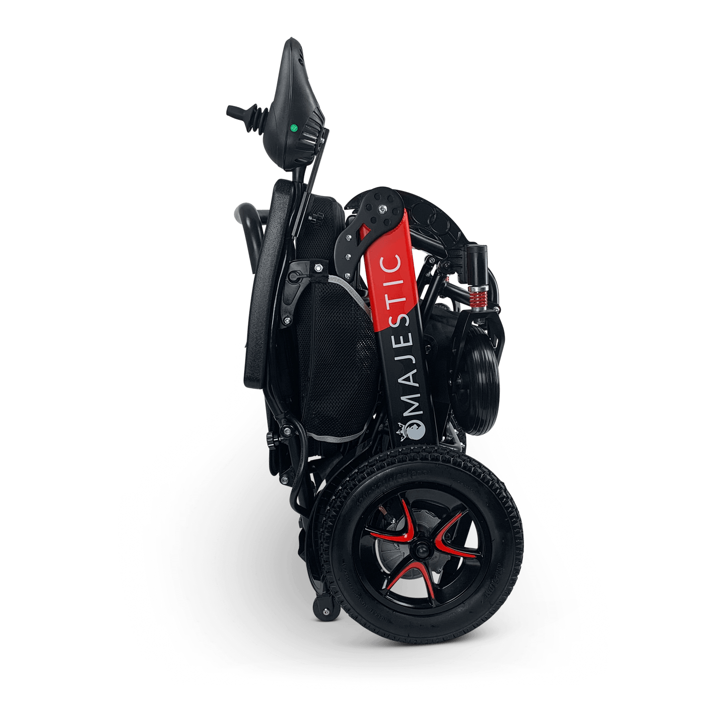 Vertical display of the black and red MAJESTIC IQ-7000 Remote Controlled Electric Wheelchair, featuring large rear wheels and a footrest, against a sleek black background.