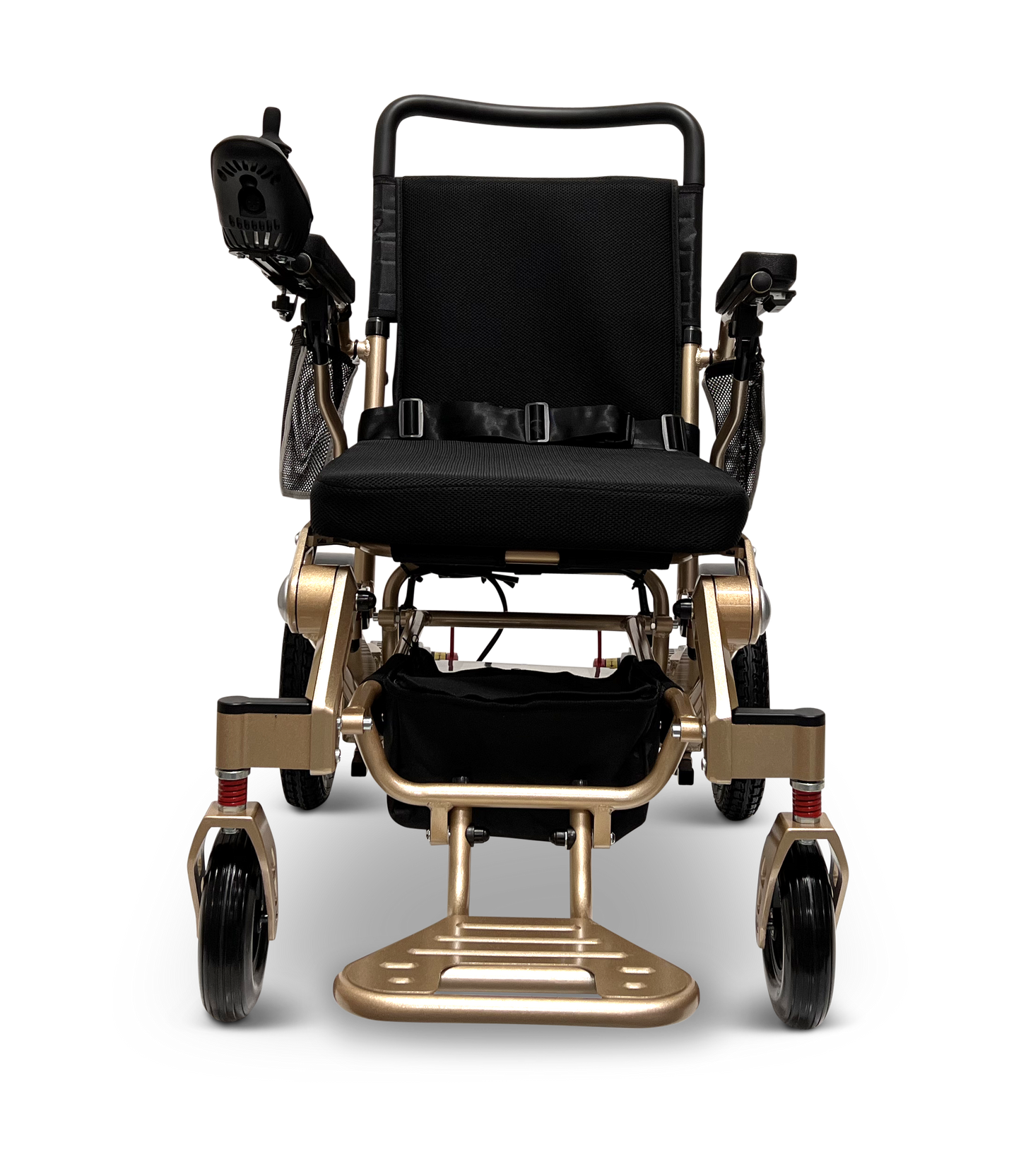 The MAJESTIC IQ-7000 Auto Folding Remote Controlled Electric Wheelchair, in gold and black, stands out against a dark backdrop. It includes a 360-degree joystick on the right armrest and sturdy footplates for comfort and control.