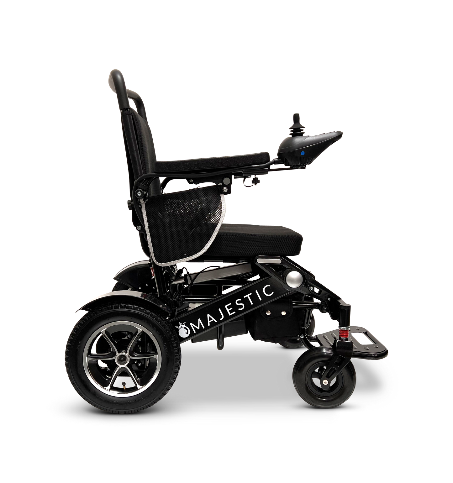 Side view of a black and silver MAJESTIC IQ-7000 Remote Controlled Electric Wheelchair against a black background. This lightweight travel wheelchair showcases large rear wheels, a comfortable seat with backrest, and an intelligent joystick control on the right armrest.