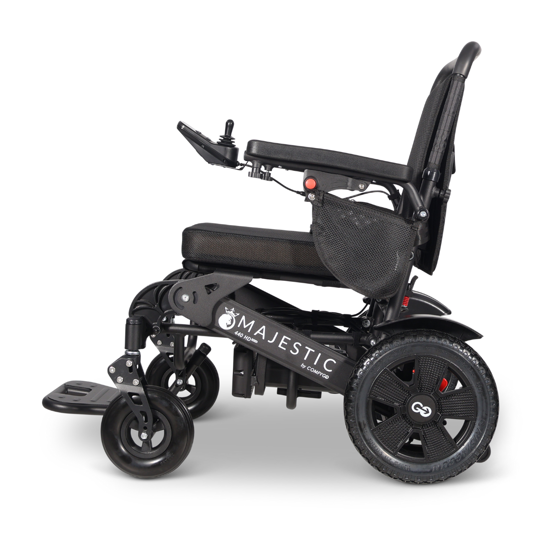 A black ComfyGo Majestic 440 HD PLUS Bariatric Portable Powerchair with armrests, mesh storage pocket, large rear wheels, and right armrest joystick. Travel-approved for convenient mobility.