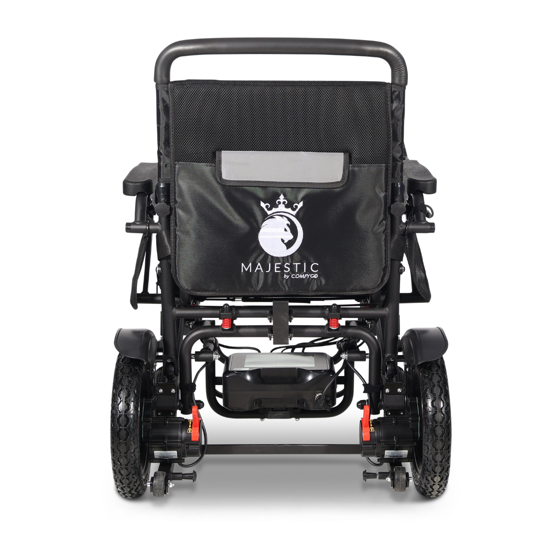 Rear view of the ComfyGo Majestic 440 HD PLUS Bariatric Portable Powerchair in black, showcasing the crown logo, large rear wheels, mesh backrest, and visible footrest—a stylish, travel-approved heavy-duty electric wheelchair.