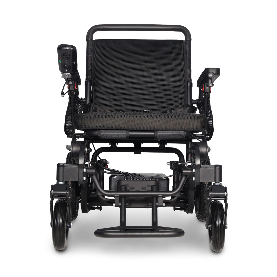 The ComfyGo Majestic 440 HD PLUS Bariatric Portable Powerchair, shown from the front, is a black, heavy-duty electric wheelchair with a right-arm joystick controller, padded seat and backrest, and sturdy wheels.