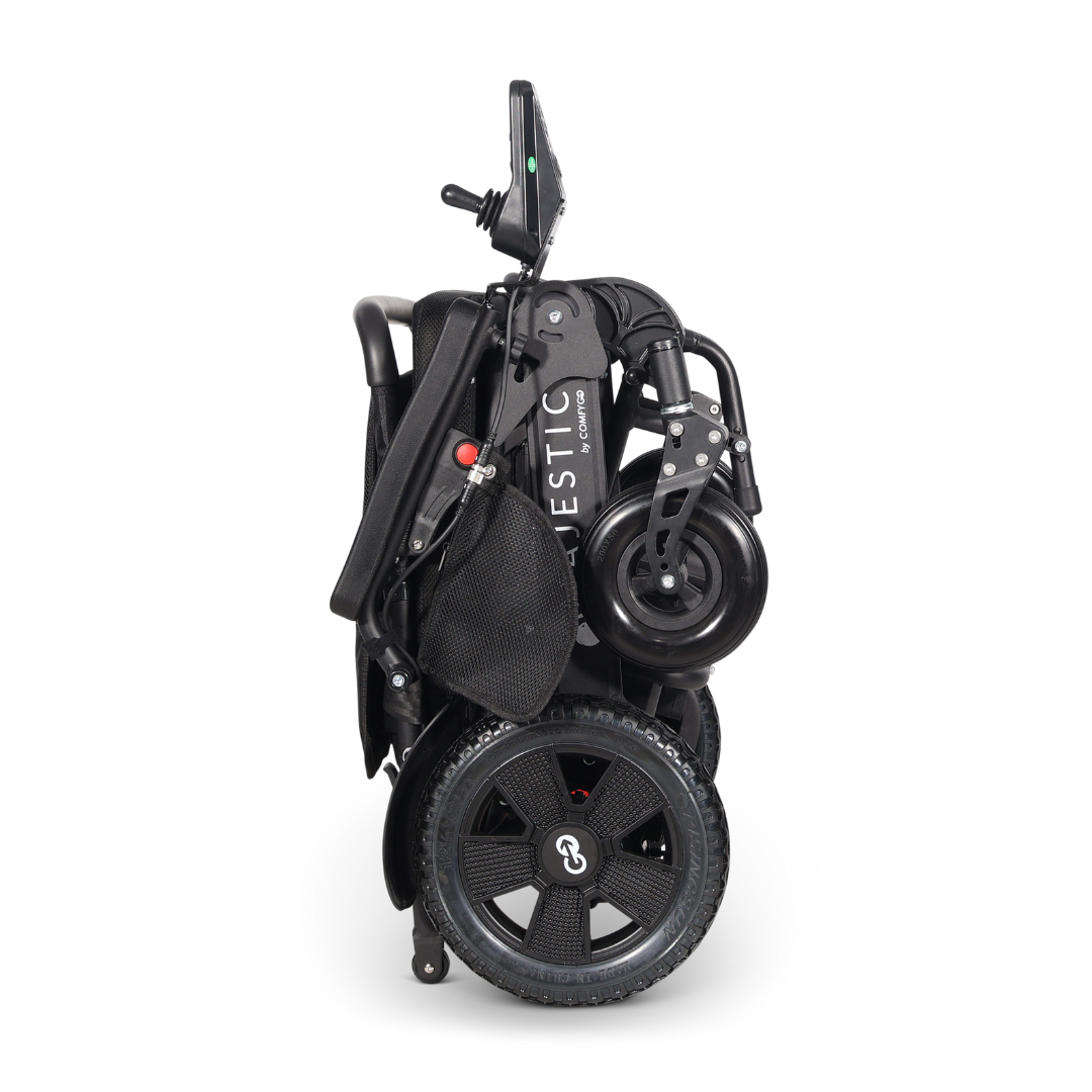 The ComfyGo Majestic 440 HD PLUS Bariatric Portable Powerchair is a lightweight, travel-approved folding powerchair with large rear wheels and smaller front wheels, designed for easy transport and storage.