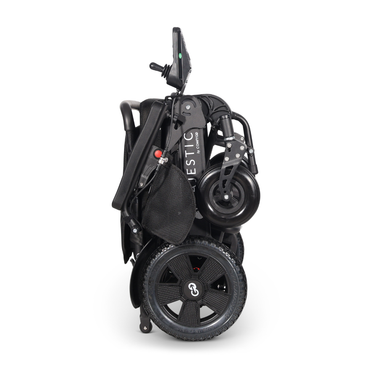 The ComfyGo Majestic 440 HD PLUS Bariatric Portable Powerchair is a lightweight, travel-approved folding powerchair with large rear wheels and smaller front wheels, designed for easy transport and storage.