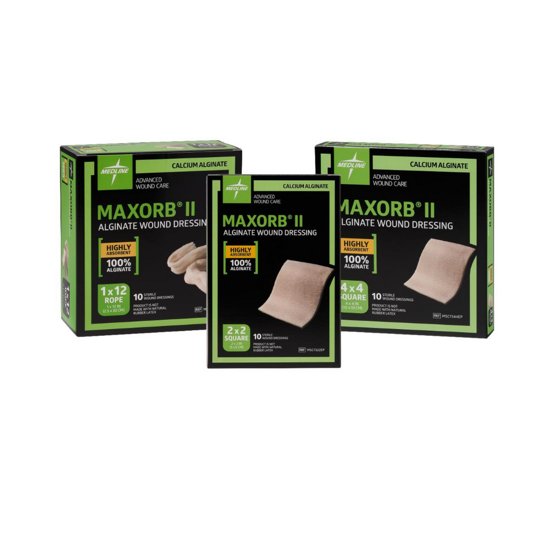 Three boxes of Maxorb II Alginate Wound Dressings - Highly Absorbant in rope, 2x2, and 4x4 sizes are shown against a white background. These black and green packages provide advanced wound care with calcium alginate for optimal healing.
