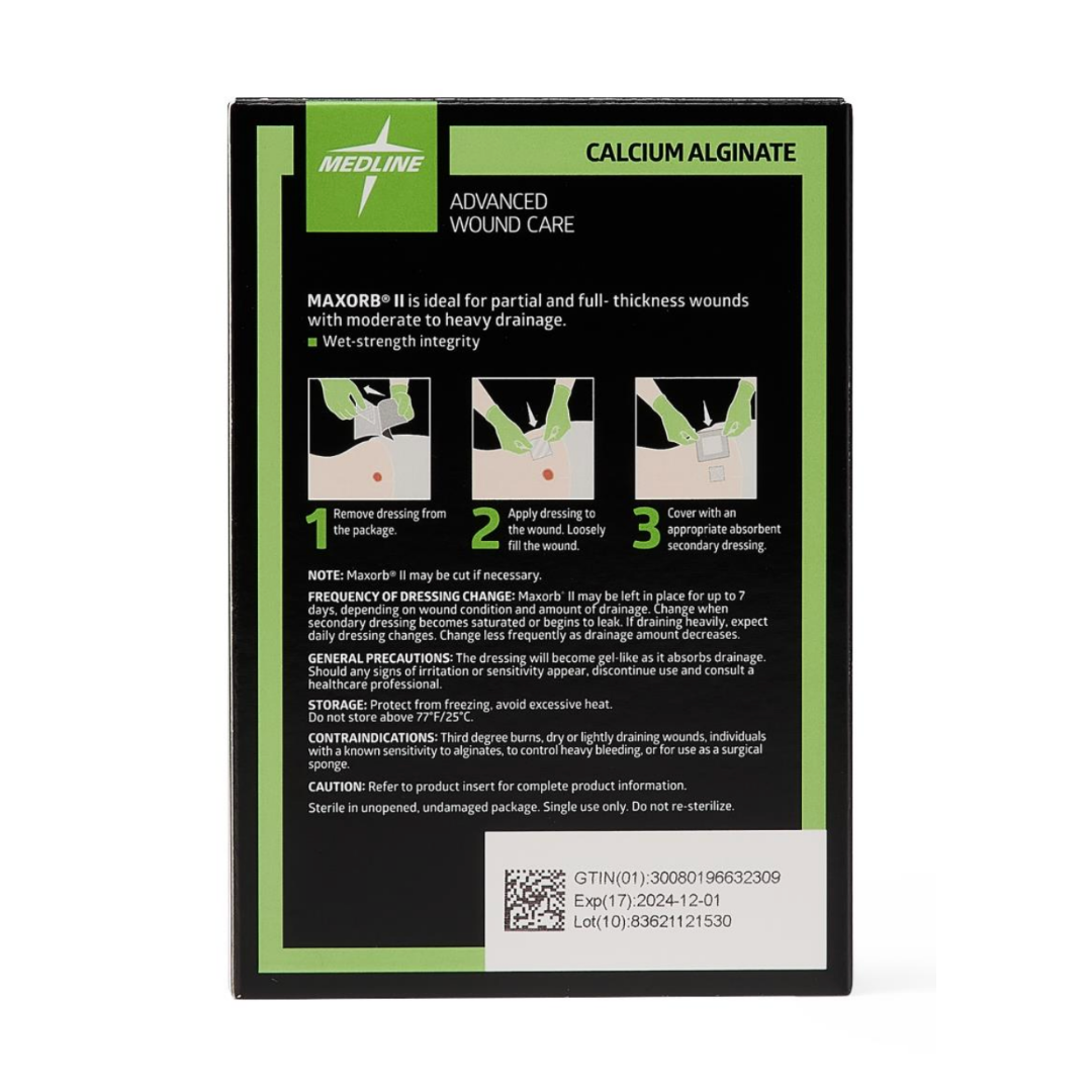 Back of a Maxorb II Alginate Wound Dressings - Highly Absorbent box. Images show how to remove dressing, apply Calcium Alginate to wound, and cover. Text covers indications, directions, storage, and advanced wound care product info.