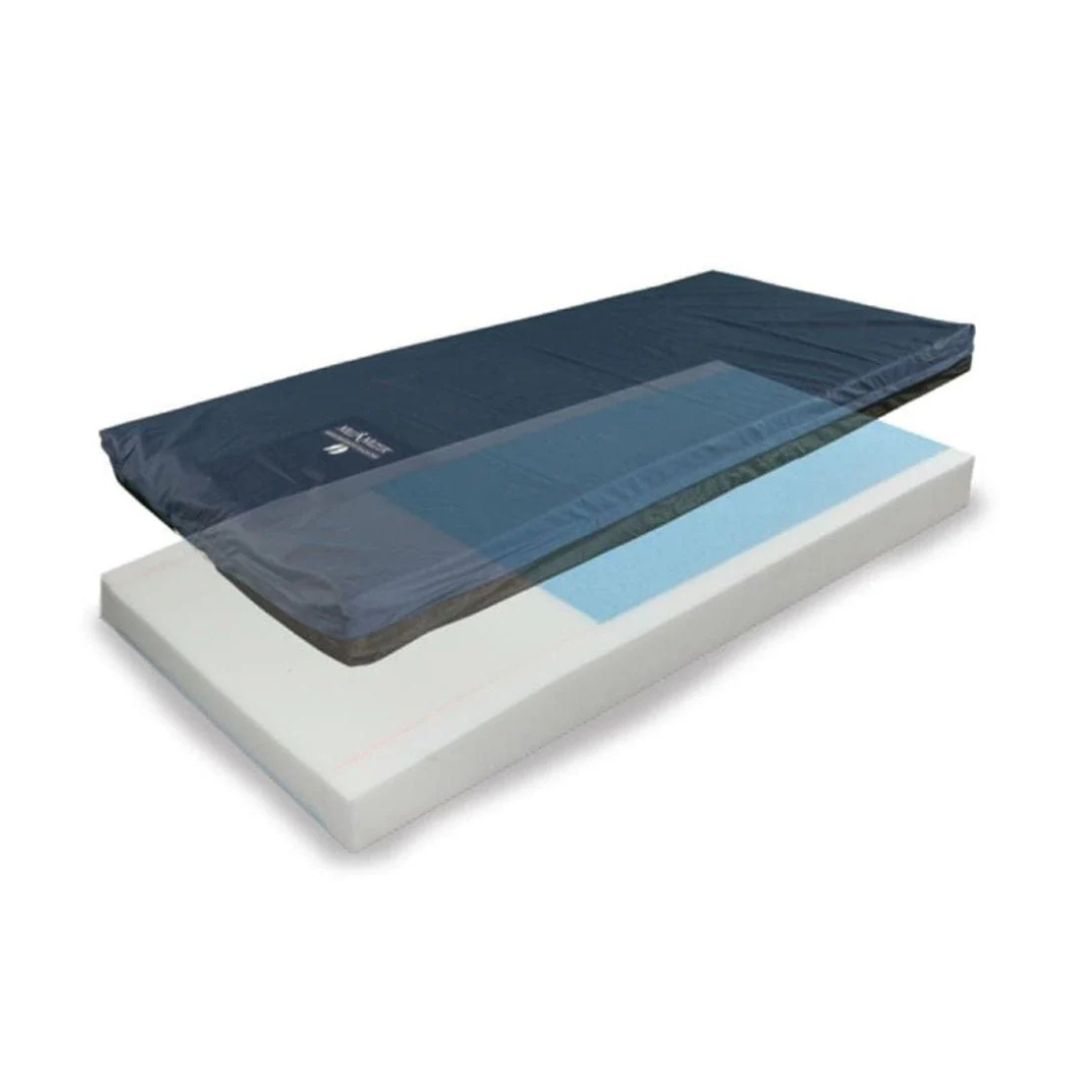 The Med-Mizer Super Elite Bariatric Mattress System features medical-grade foam, a blue gel layer, and a dark blue removable cover partially peeled back to reveal inner layers for optimal pressure redistribution.