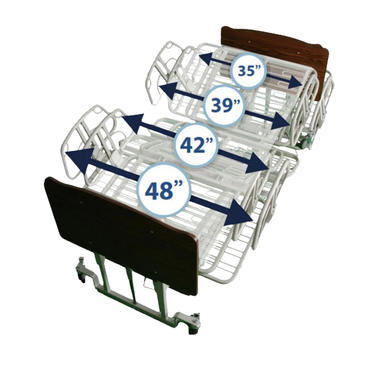 The Med-Mizer EX8000 ComfortWide Bariatric Width Adjusting Electric Bed is shown with adjustable side rails, demonstrating four bed widths—35, 39, 42, and 48 inches—highlighted by arrows across the beds.