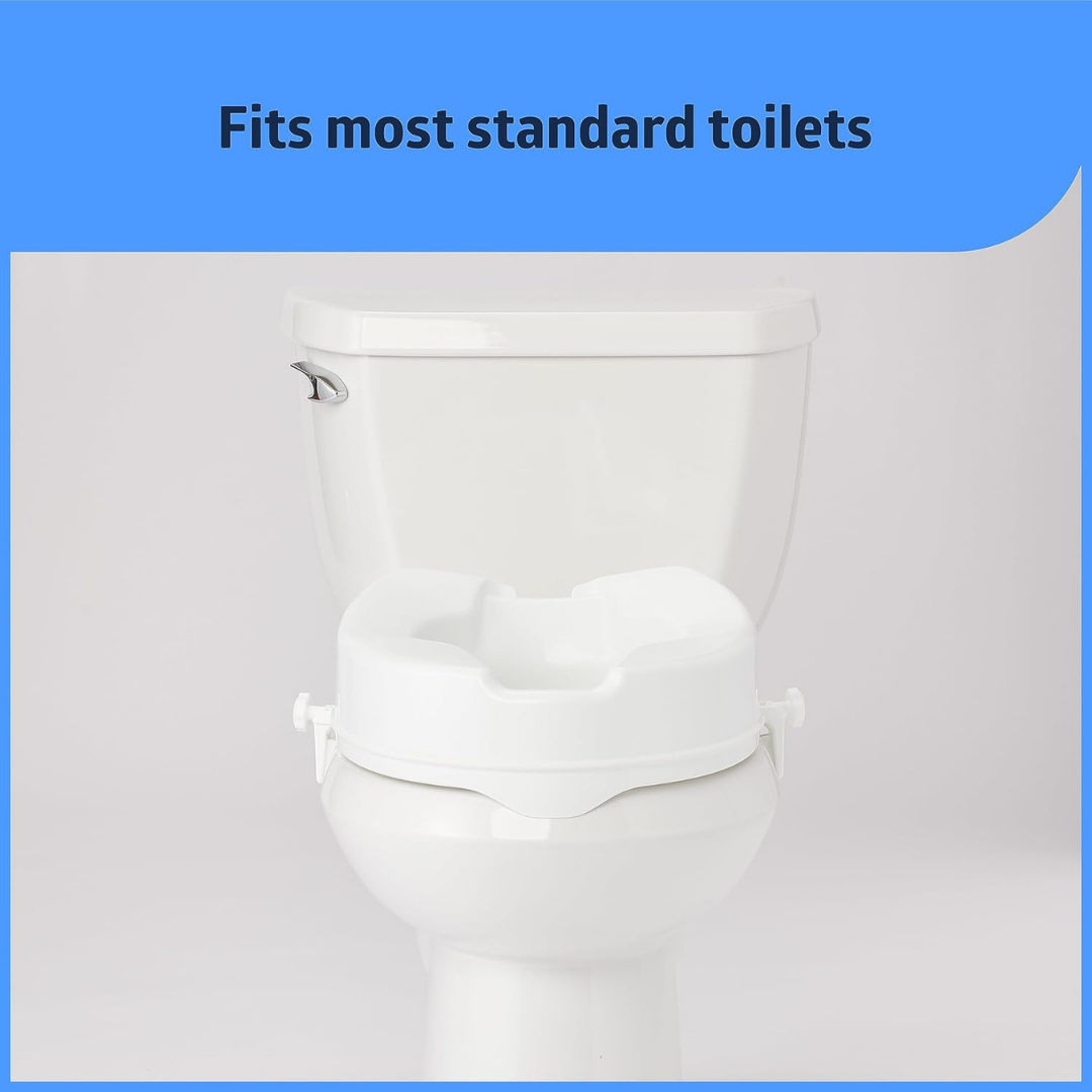 A Medline 4 Locking Raised Toilet Seat without Arms is securely attached to a standard white toilet. The slip-resistant, elevated seat is white, and a blue banner at the top reads Fits most standard toilets.