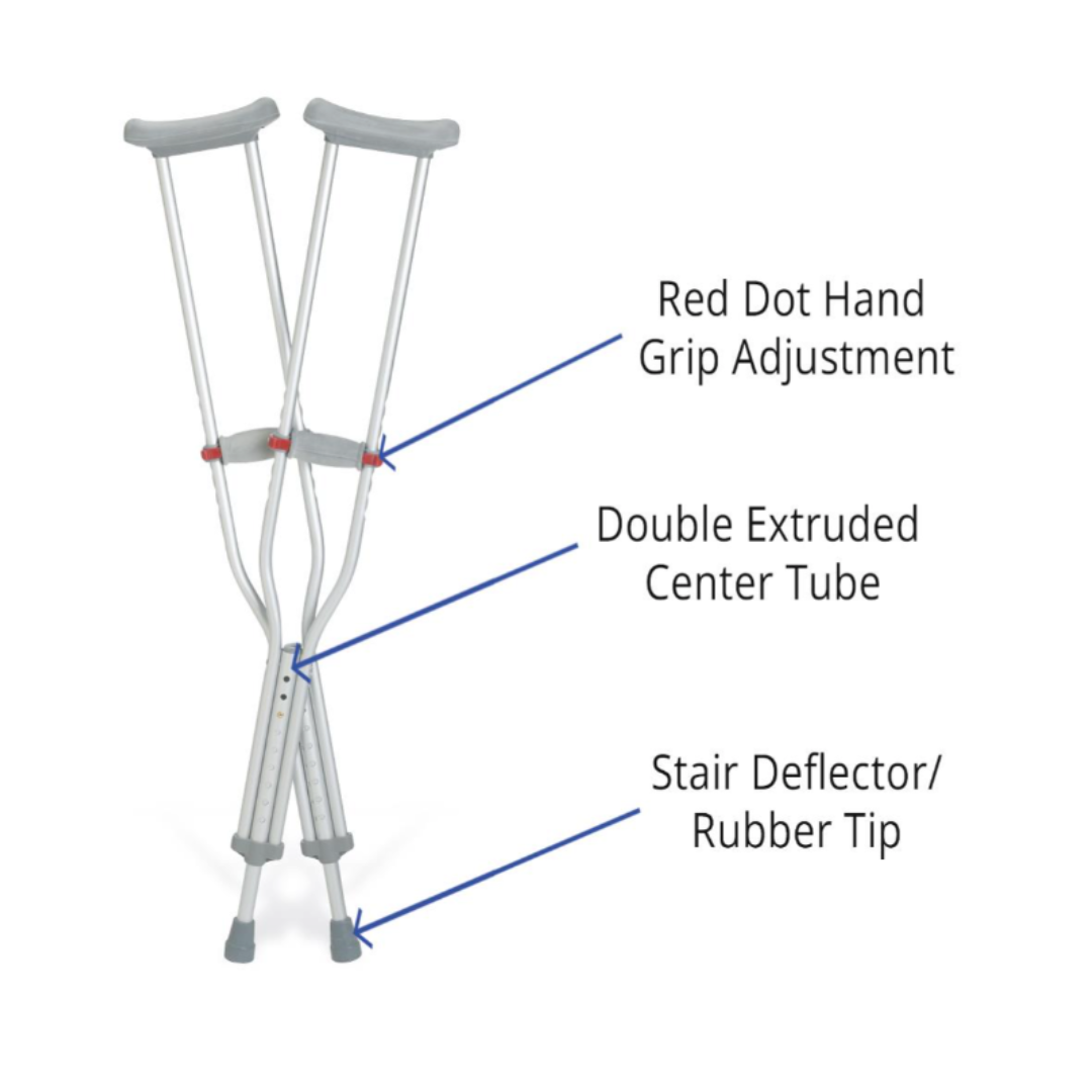 Medline Aluminum Crutches with Red Dot Hand Grip feature easy push-button height adjustment, a double extruded center tube, stair deflector, and durable rubber tips.