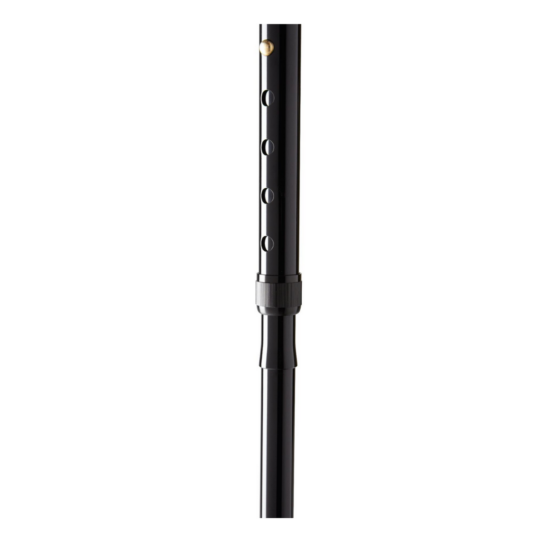A close-up of the Medline Aluminum Folding T-Handle Cane shows its lightweight, foldable aluminum frame and comfortable T-handle against a white background.