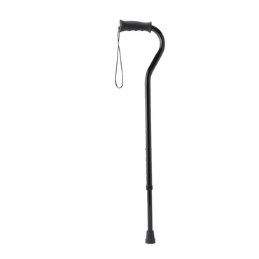 The Medline Aluminum Offset Cane with Gel Grip features an ergonomic handle, adjustable height, rubber tip, and wrist strap for supportive mobility. Displayed on a white background.