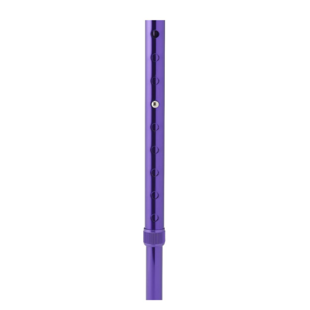 A close-up of the Medline Aluminum Offset Cane with Gel Grip, showing its shiny purple shaft, evenly spaced adjustment holes, and a ridged ring at the bottom for easy height customization.