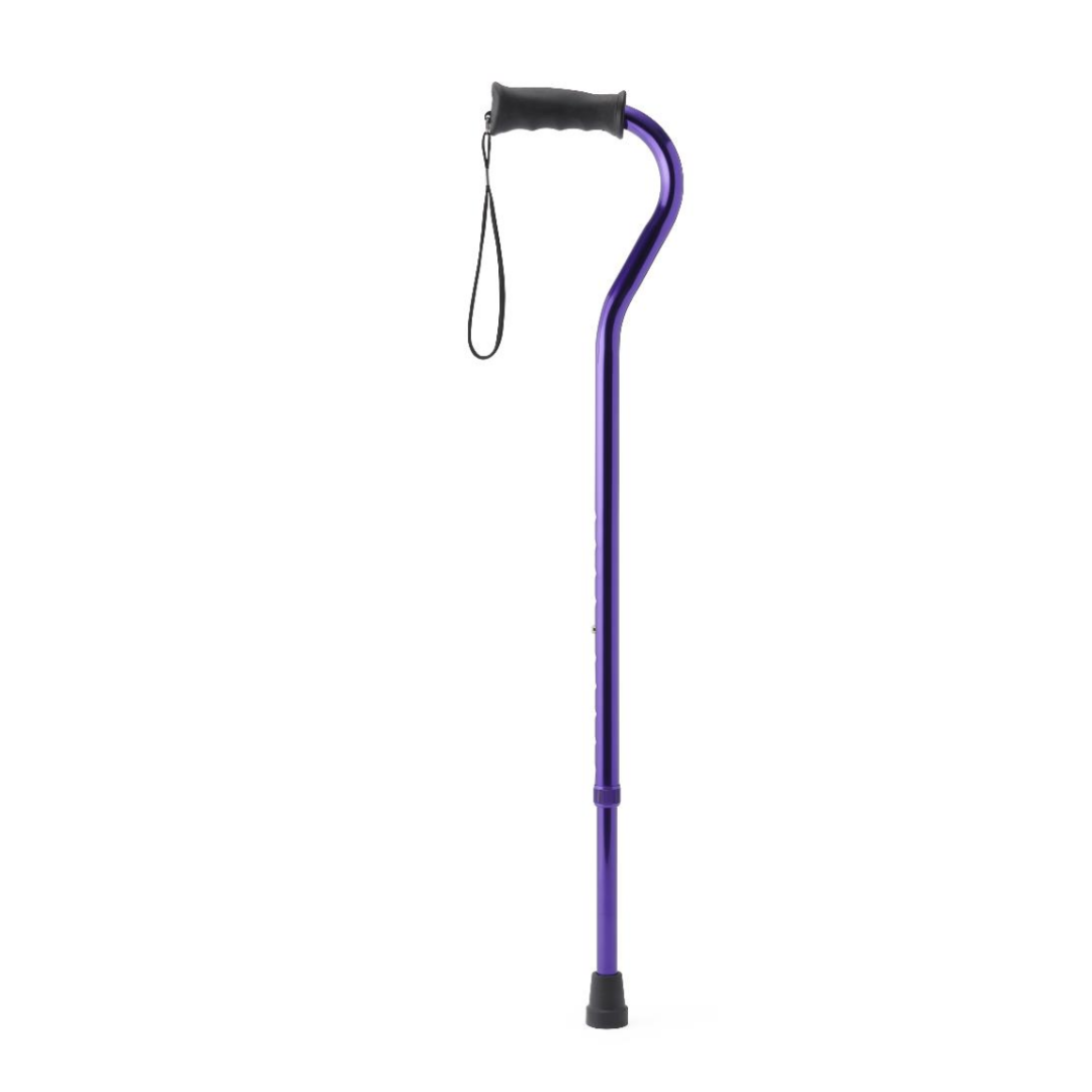 The Medline Aluminum Offset Cane with Gel Grip in purple features a height-adjustable metal shaft, black ergonomic comfort handle with wrist strap, and a rubber tip, providing supportive mobility against a white background.