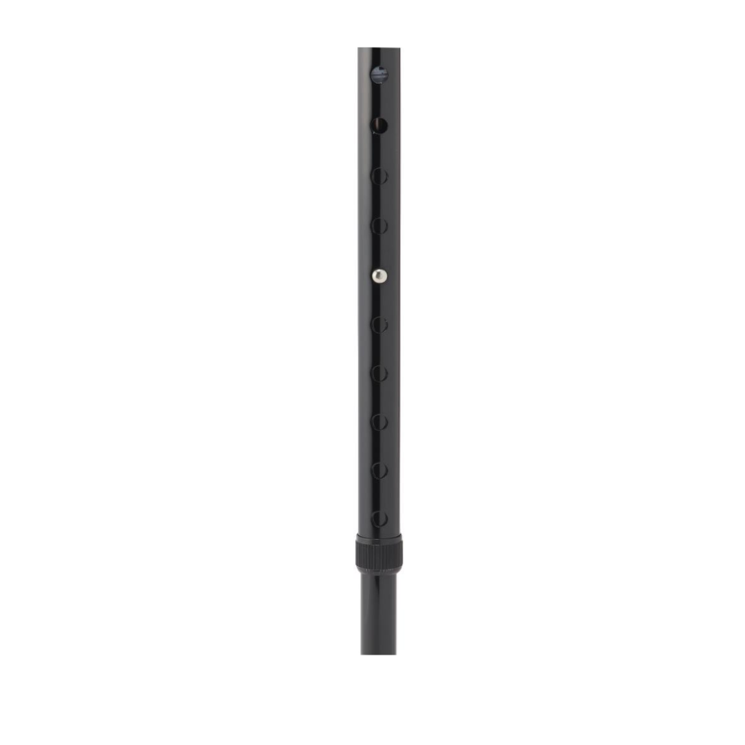 A close-up of a black Medline Aluminum Offset Cane with Gel Grip, featuring a cylindrical pole, circular holes for height adjustment, and a locking mechanism, designed to support daily mobility against a white background.