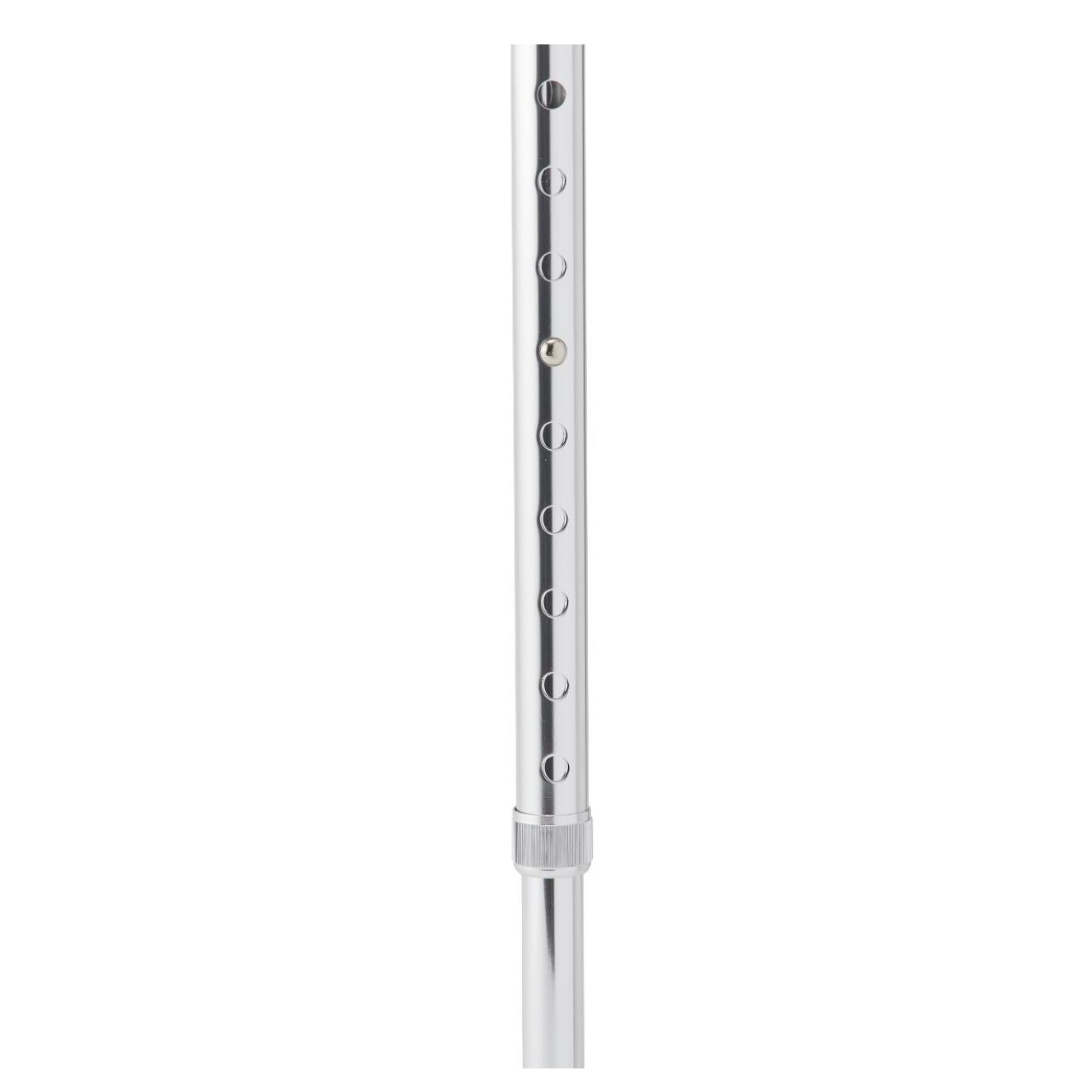 A close-up of the Medline Aluminum Offset Cane with Gel Grip, featuring a metallic pole with evenly spaced adjustment holes and a locking mechanism for supportive mobility and customizable comfort.