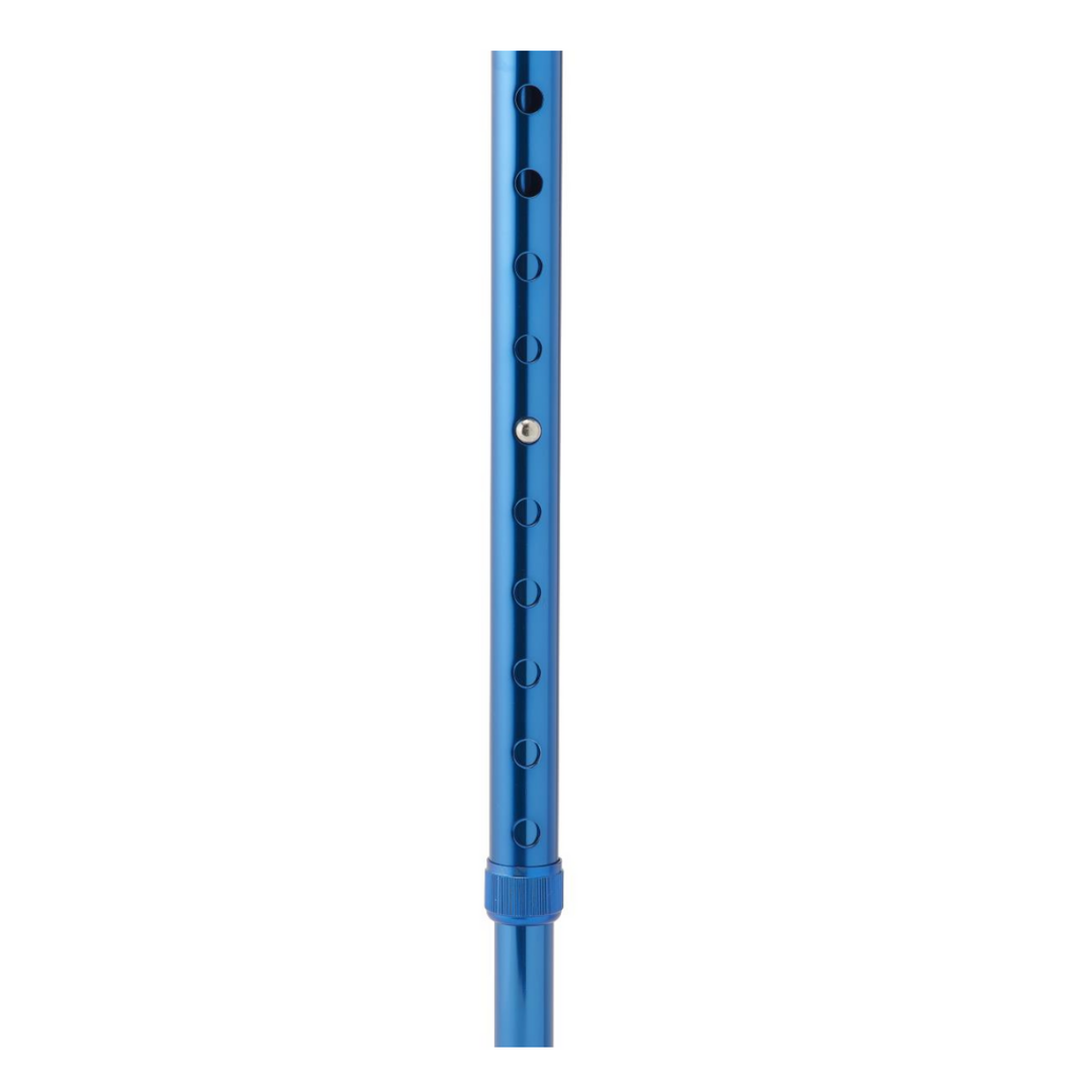 Close-up of a blue Medline Aluminum Offset Cane with Gel Grip, featuring multiple holes and a small silver button for easy height adjustment, set against a white background.