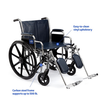 The Medline Bariatric Extra-Wide Wheelchair features a sturdy carbon steel frame, navy vinyl upholstery, large rear wheels, front casters, and adjustable leg supports. It supports up to 500 lbs and is easy to clean.