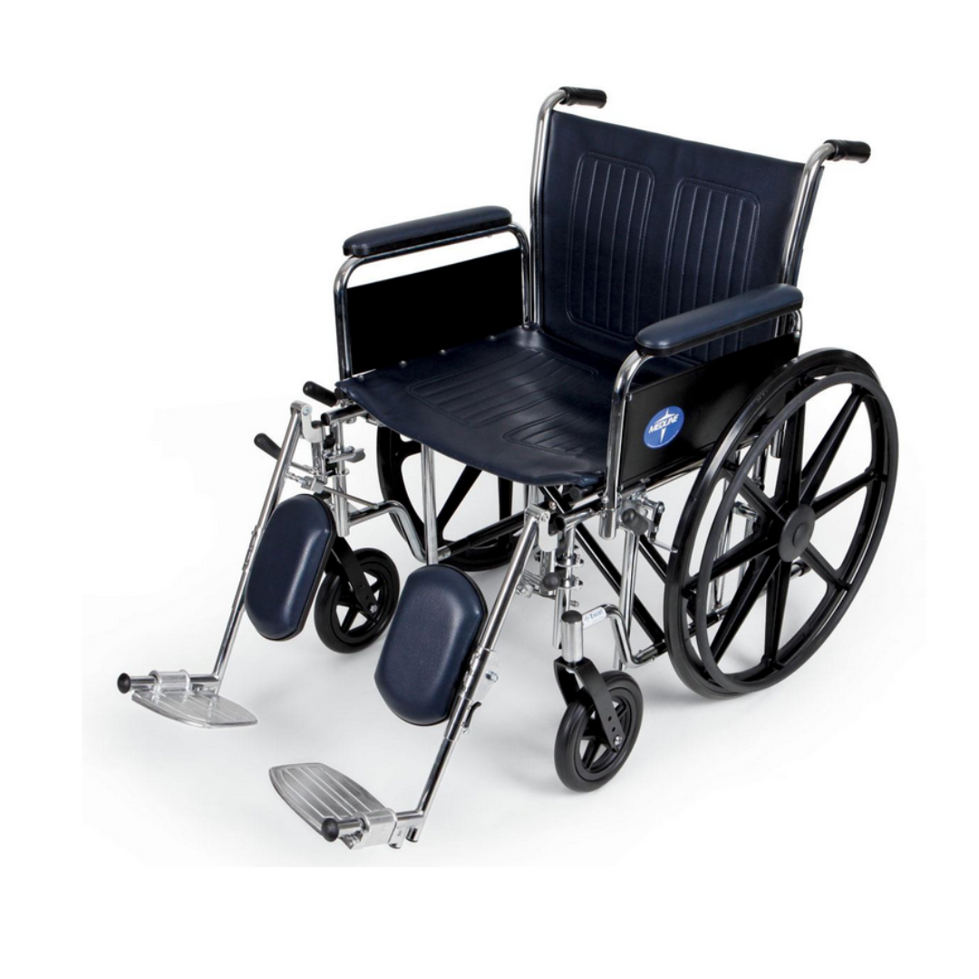 The Medline Bariatric Extra-Wide Wheelchair has a sturdy carbon steel frame and navy vinyl upholstery, featuring large rear wheels, smaller front wheels, and adjustable footrests for enhanced comfort and durability.