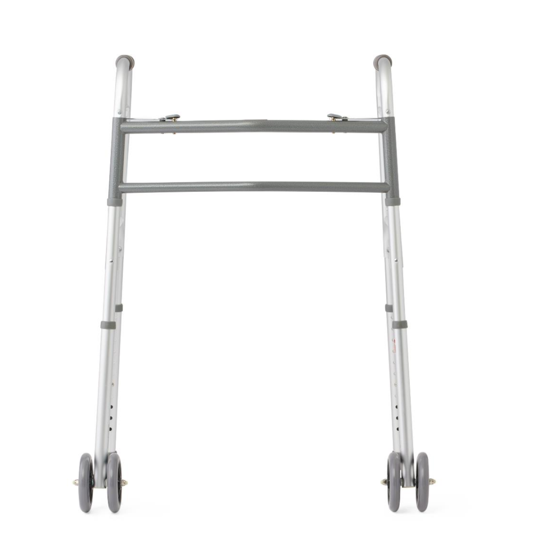 Pictured is the Medline Bariatric Folding Walker with XL Wheels, a silver walker featuring an extra-wide frame, adjustable legs, rubber grips on handles, and two front wheels for high weight capacity and optimal support.