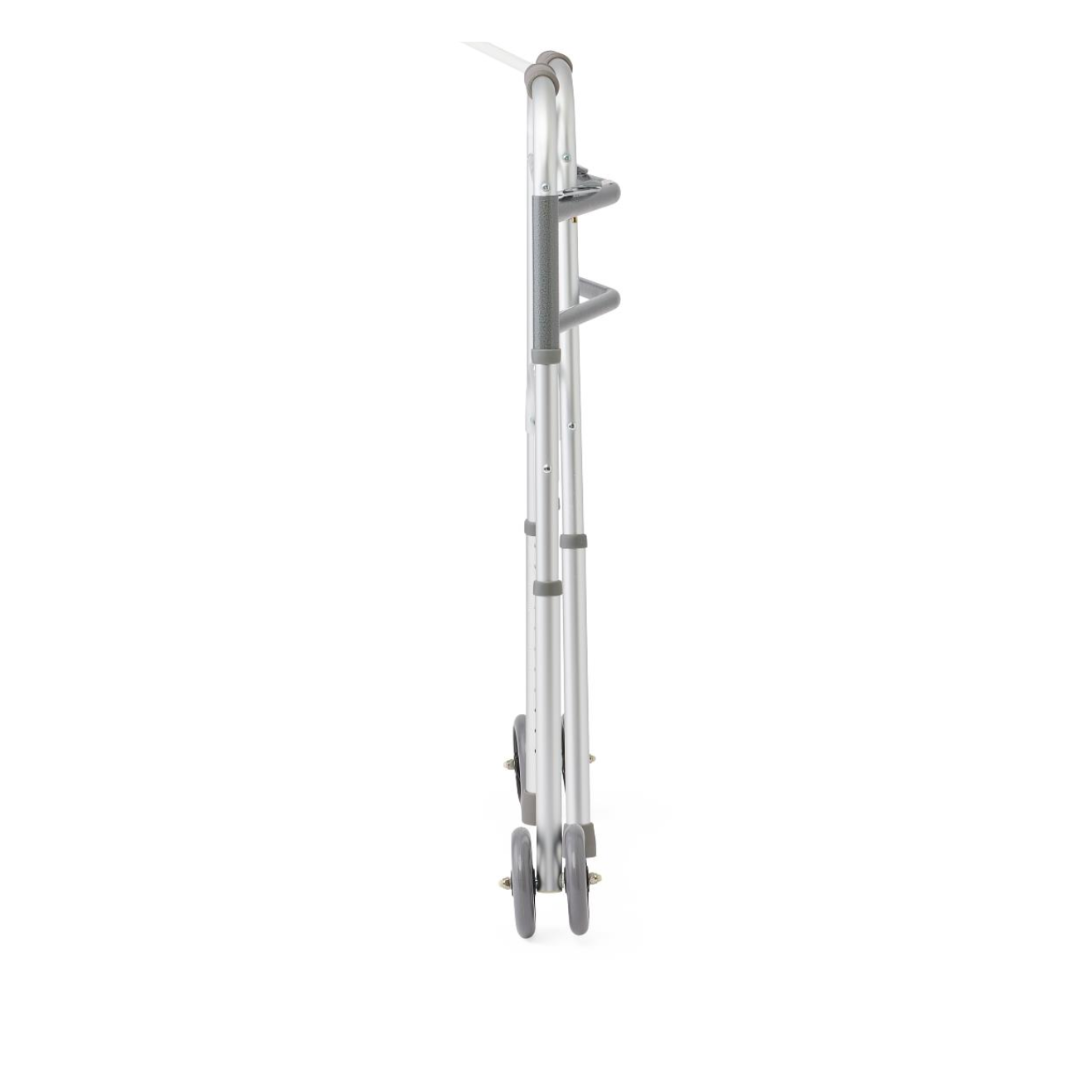The Medline Bariatric Folding Walker with XL Wheels features gray handles, an extra-wide frame, and a collapsible aluminum design. Highlighted against a white background, it includes two wheels for mobility and boasts a high weight capacity with minimalist elegance.