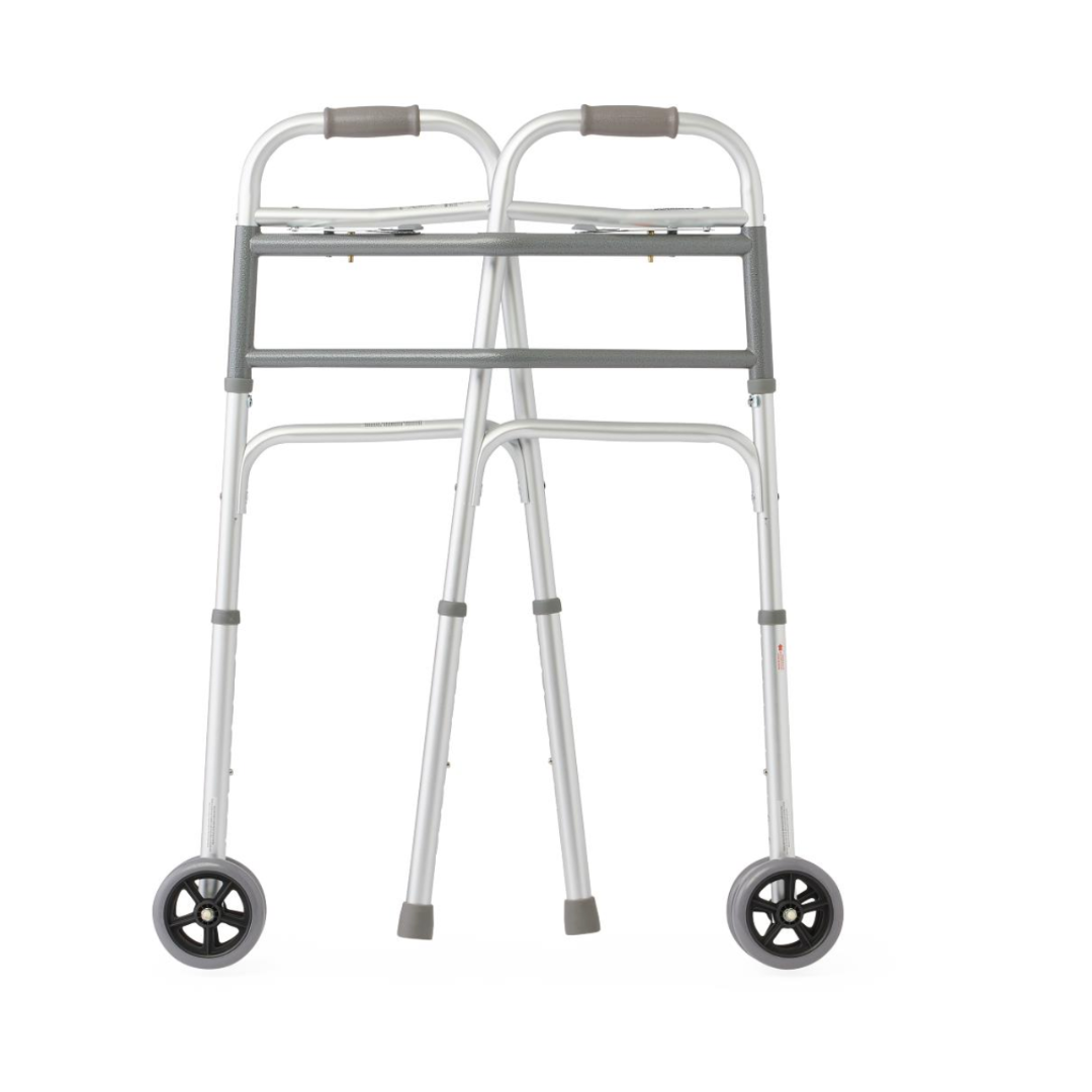 The Medline Bariatric Folding Walker with XL Wheels is a silver mobility aid with an extra-wide frame, front wheels, rubber handle grips, and stable support bars for high weight capacity and enhanced strength.