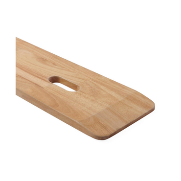 The Medline Bariatric Wooden Transfer Board is rectangular, made of durable rubber wood, with rounded corners and a small oval cutout handle near one end, shown on a white background.
