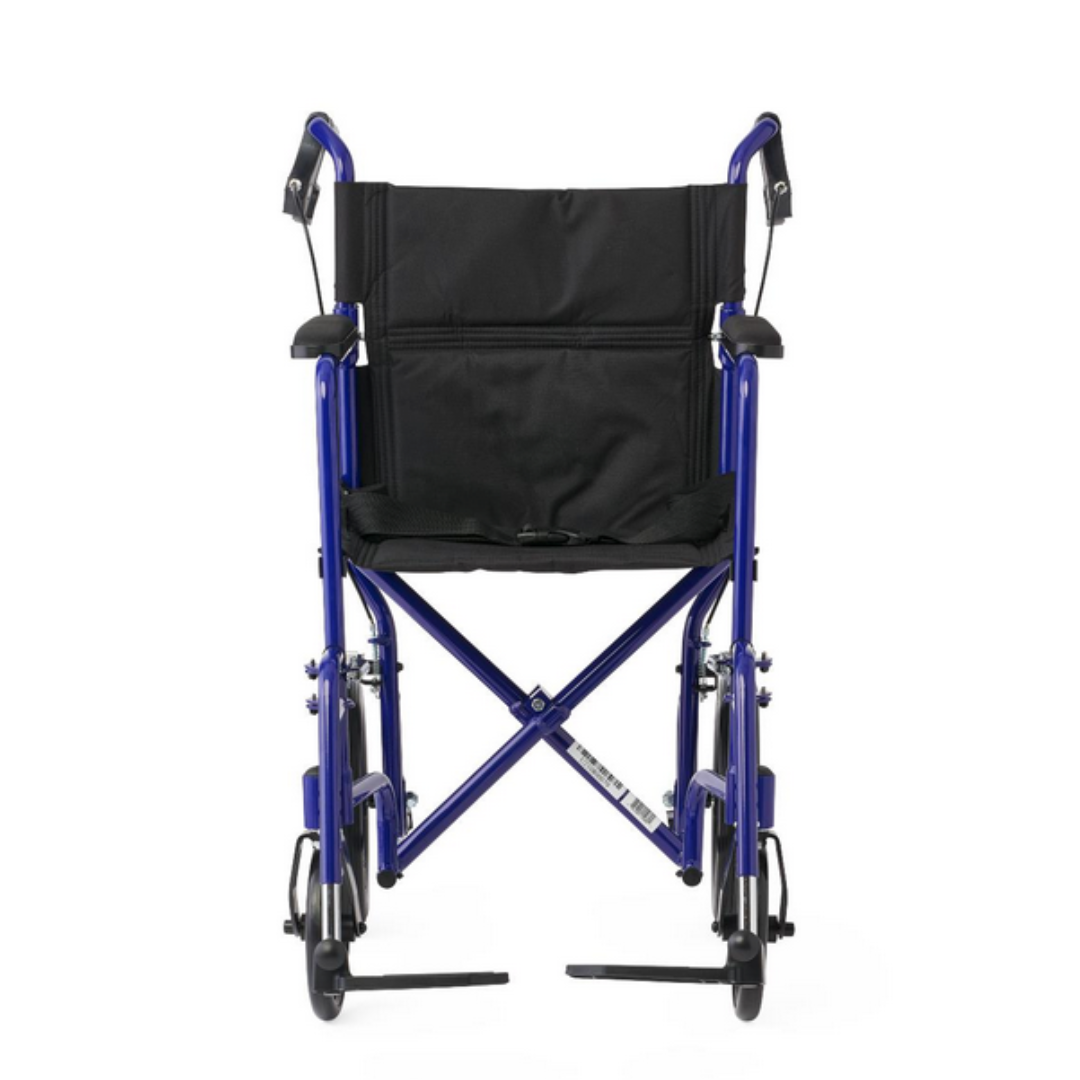 The Medline Lightweight Aluminum Transport Chair in blue features easy-to-use hand brakes, a black seat and backrest, 12 large rear wheels, smaller front wheels with footrests, and is foldable and portable. It is conveniently designed for ease of transport.