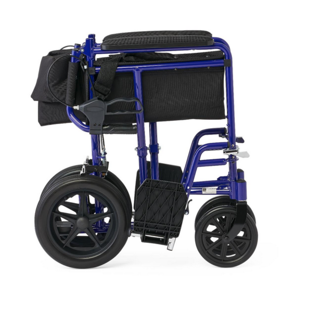 The Medline Lightweight Aluminum Transport Chair with 12 Wheels comes in blue, with black wheels and upholstery. Displayed compactly upright, it showcases portability and user-friendly hand brakes for easy control and storage.