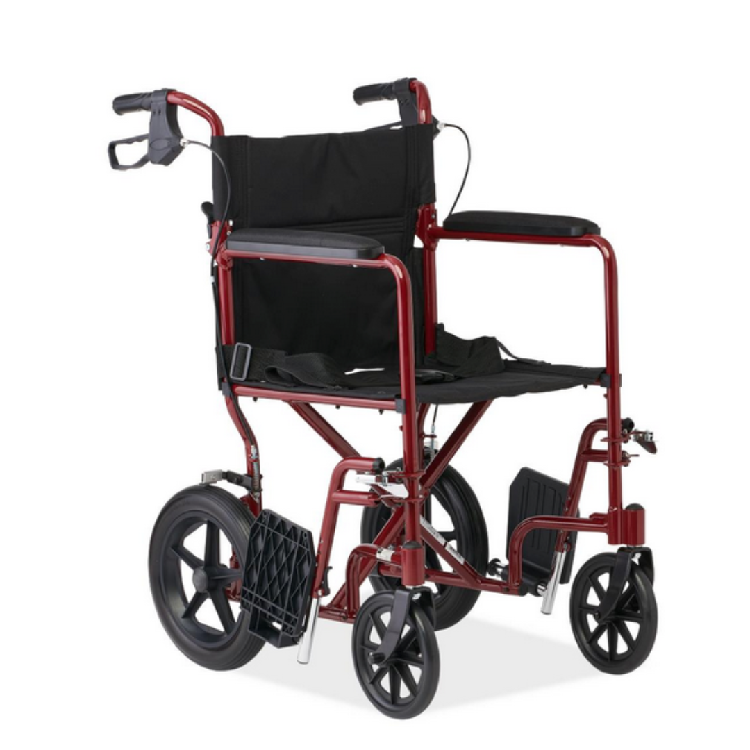 The Medline Lightweight Aluminum Transport Chair features a red and black design, large 12 rear wheels, smaller front wheels, easy-to-use hand brakes, a foldable frame, and convenient footrests. Designed for easy maneuverability and portability with a black seat and backrest.