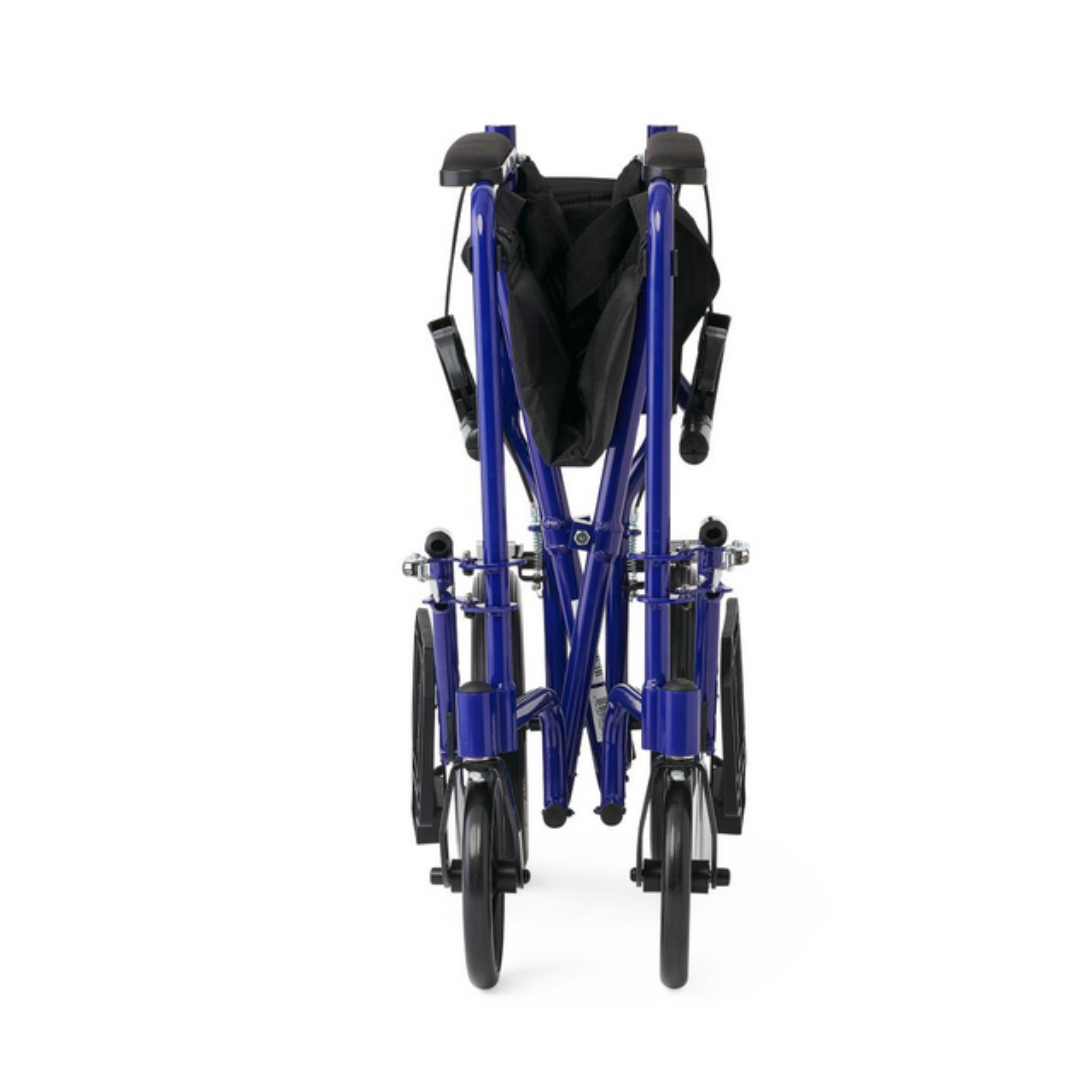 The Medline Lightweight Aluminum Transport Chair with 12 wheels is shown upright against a plain white background, highlighting its black seat, visible armrests, and foldable, portable design for easy use.