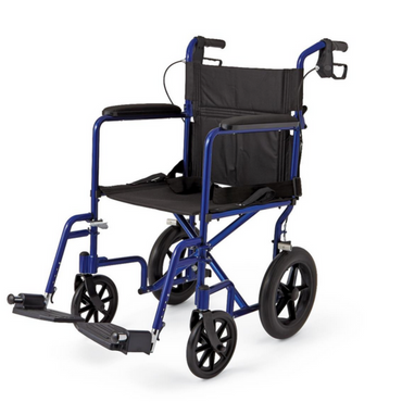 The Medline Lightweight Aluminum Transport Chair with 12 wheels is shown in blue with black upholstery. It features easy-to-use hand brakes, foldable footrests, and handles for pushing. Its minimalist design ensures foldability and portability for easy transportation and maneuverability.