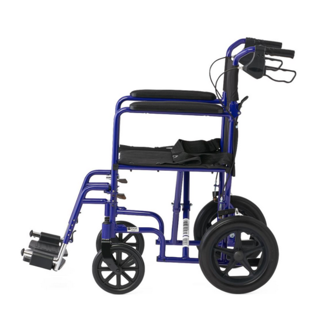 The Medline Lightweight Aluminum Transport Chair features large rear 12 wheels, a blue frame with black seat and armrests, easy-to-use hand brakes on handle grips, and foldable leg rests with black footplates.