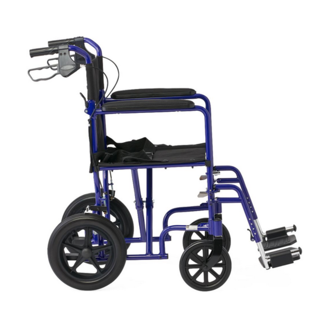 The Medline Lightweight Aluminum Transport Chair in blue is visible from the side, equipped with four wheels, armrests, footrests, and push handles. Its designed for mobility assistance and includes hand brakes. Its foldable design makes it portable for convenient travel.