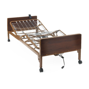 The Medline Homecare Semi-Electric Bed features a brown metal grid base, adjustable 15-20 height, remote control, wheels, wooden head/footboards, and an elevated head section with crank for caregiver and patient convenience.